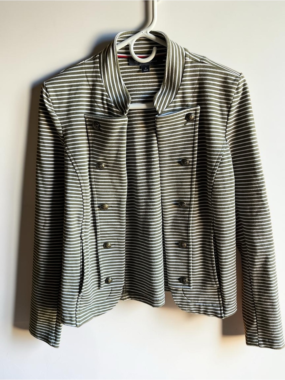 Tommy Hilfiger Olive Green & White Striped Military-Style Blazer NWOT Size M